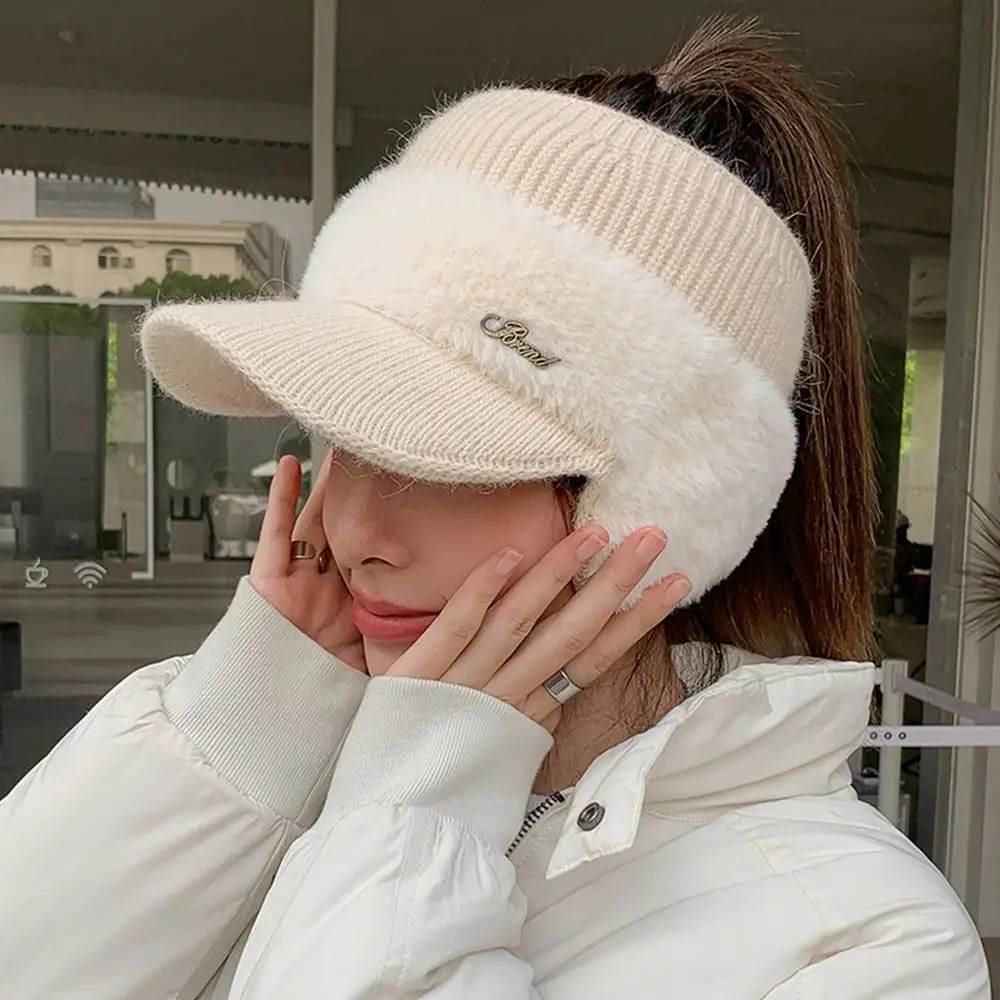 

Casual Ear Protection Winter Hats Warm Windproof Knitted Fleece Hat Winter Outdoor Sport Ponytail Hat Visor Women
