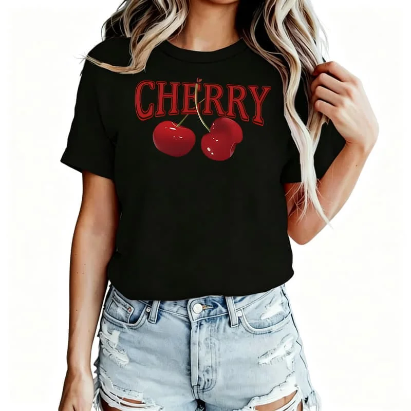 Cherry Fruit Print Women's T-Shirt 100% Cotton Funny Graphic Short Sleeve Tee Novelty Shirt Casual Crew Neck Top S-5Xl