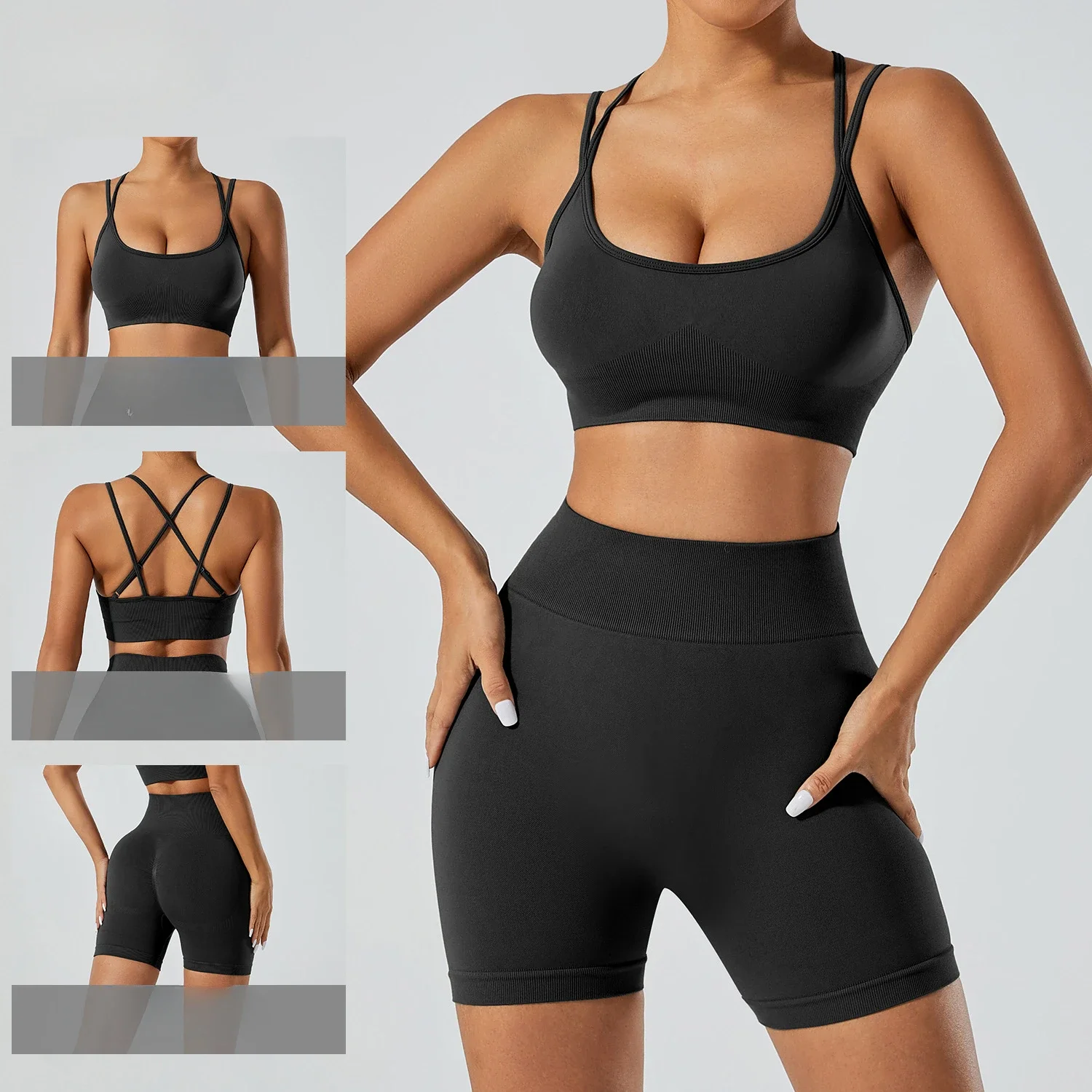 

Seamless Yoga Sets Sports Fitness High Waist Hip Raise Pants Long-Sleeved Backless Suit Workout Clothes Gym Shorts Set for Women