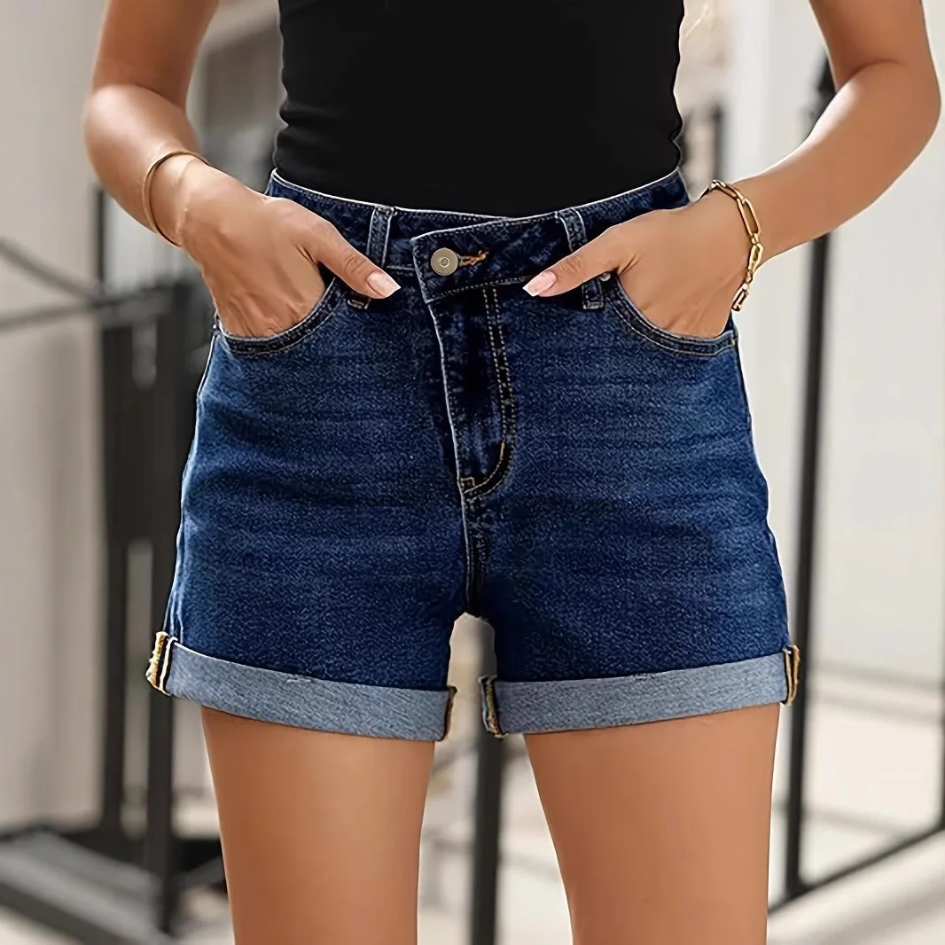 

Y2K Slim Shorts Straight Fit Denim Worn Edge Rolled Edge for American and European Women Summer Style