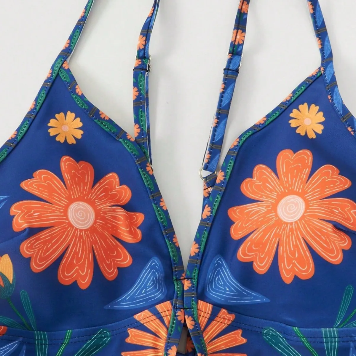 2026 Neuer einteiliger Badeanzug mit Vintage-Druck und Rock für Damen mit tiefem Rüschenrand und Farbblock-Nassanzug, grenzüberschreitend