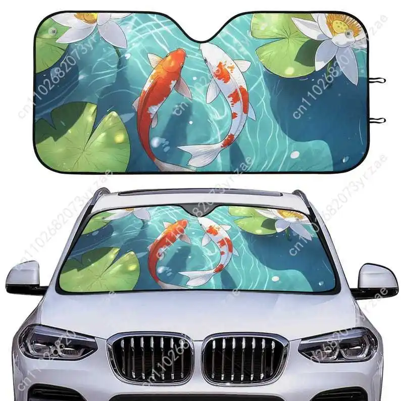 

Koi Fish Pond Car Sun Shade Good Heat Insulation Effect Windshield Sunshade Portable Waterproof Easy Clean Car Accessory