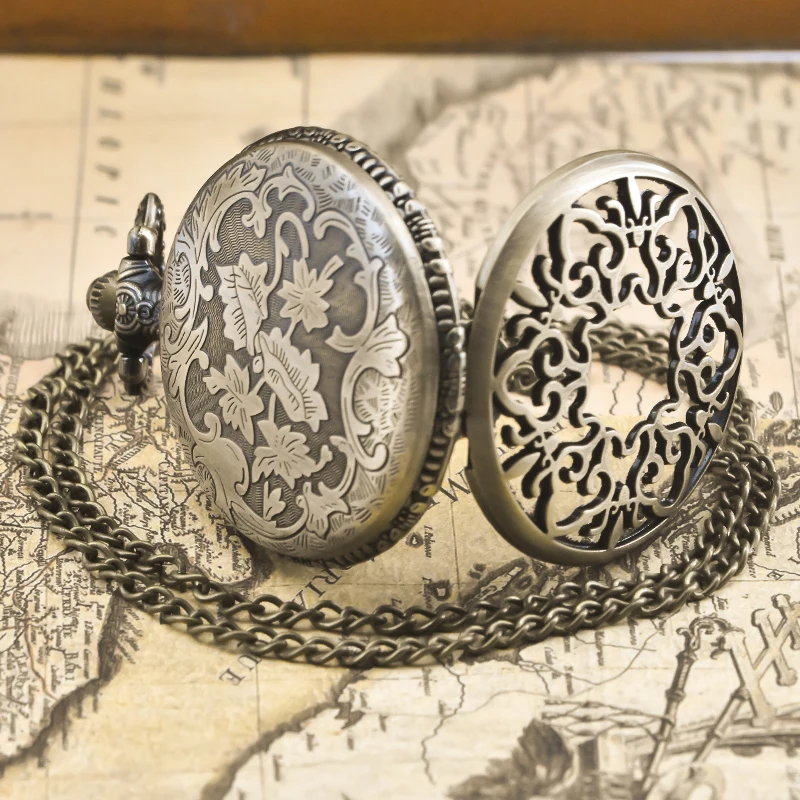 Retro Bronze Steampunk Openwork Flower Flip Quartz Boys' And Girls' Necklace Commemorative Pocket Watch