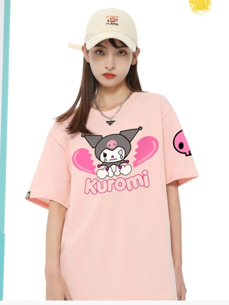 Sanliou Joint Collaboration Kuromi Short Sleeved T Shirt Loose Fit Girls Summer Casual Style Trendy Cartoon Anime Peripheral