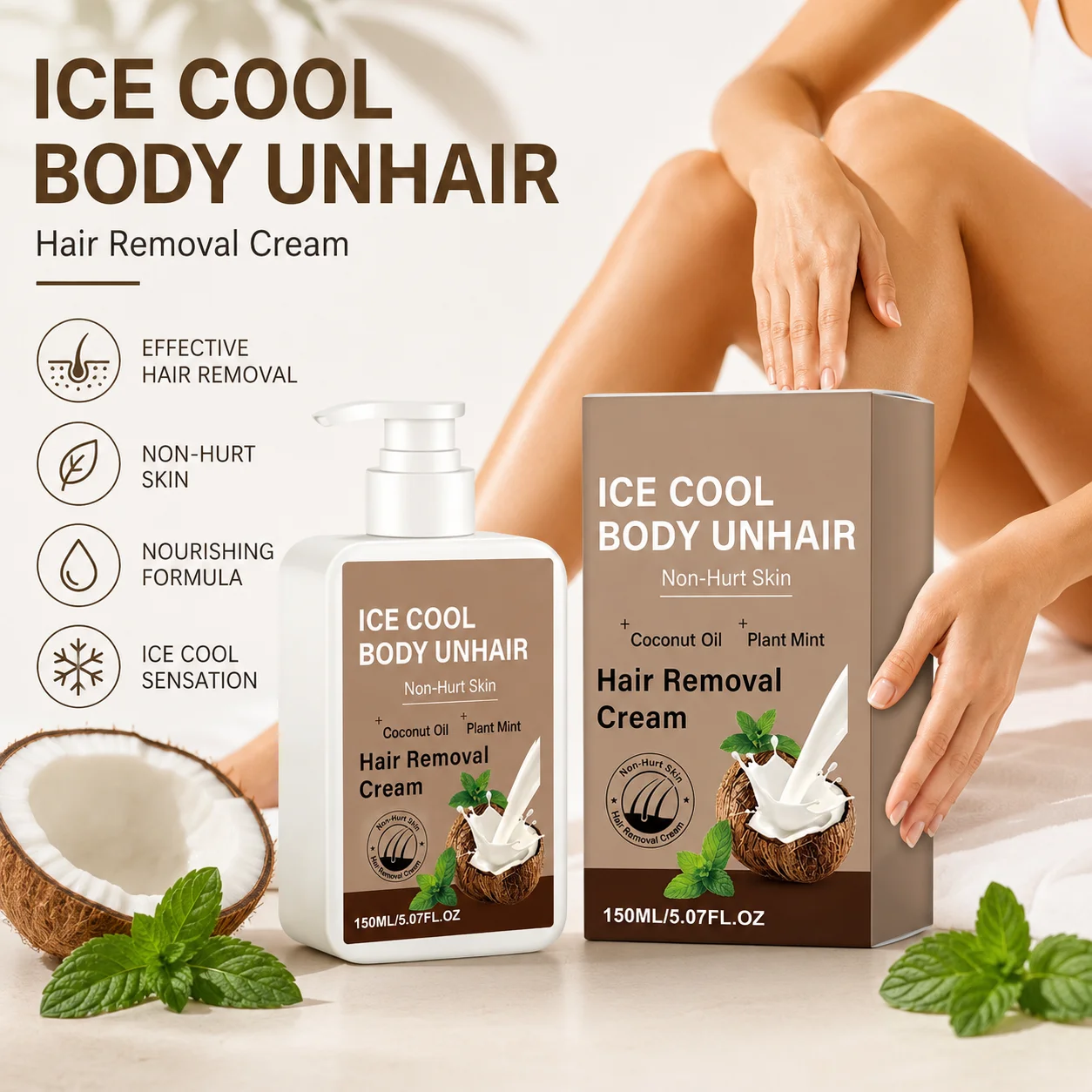 Coconut Hair Removal Cream For Body Face Legs Armpits Fast Acting Full Body Hair Removal No Irritation Gentle Depilatory Cream