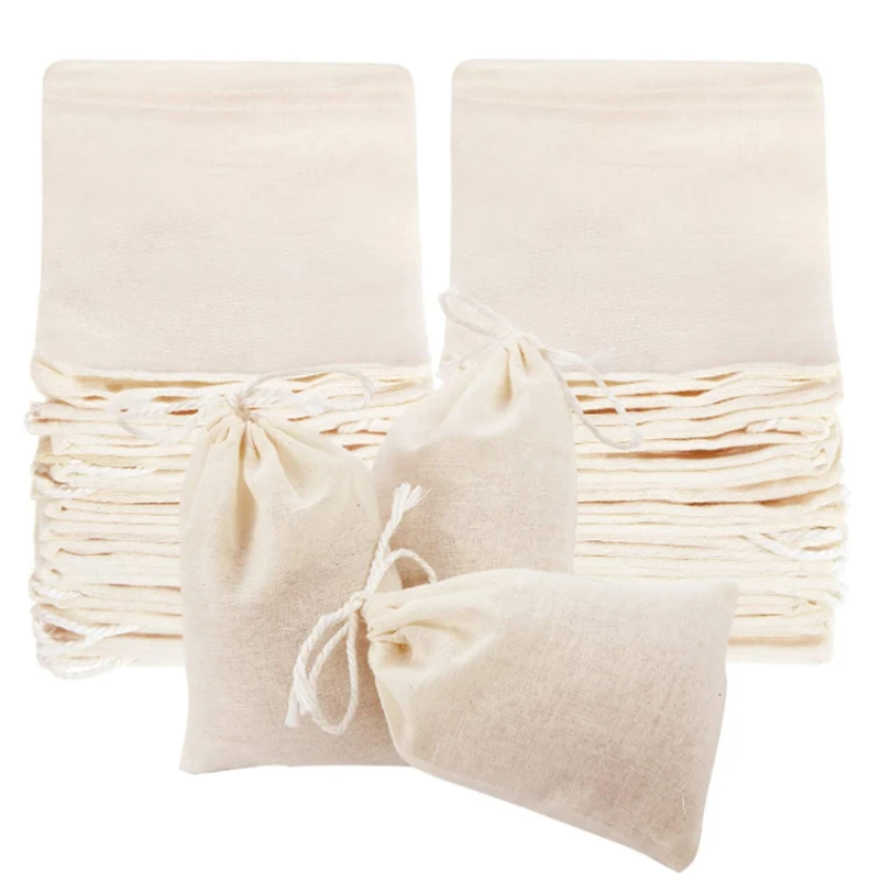 Sacos de chá descartáveis de vários tamanhos, saco de filtro de algodão, com cordão e pingente, ideal para folhas soltas, 10 a 100 unidades