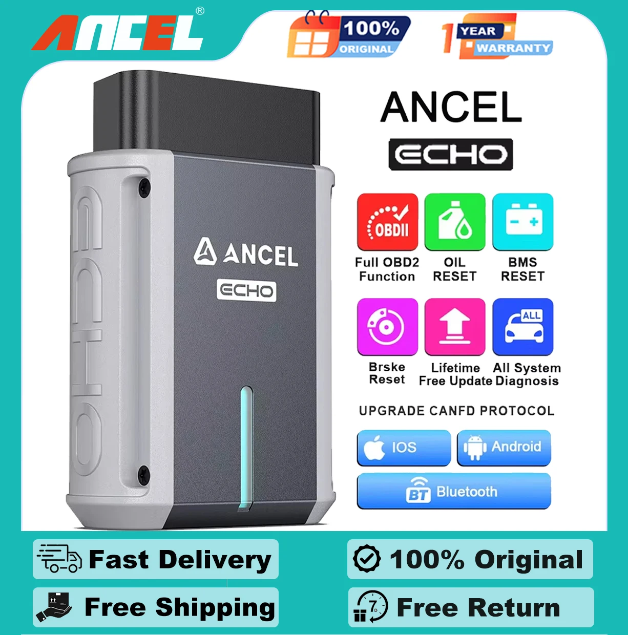 

ANCEL ECHO OBD2 ALL System Automotive Scanner Diagnostic Tool Bidirectional Oil EPB BMS Reset OBDII Car Tester for iOS Android