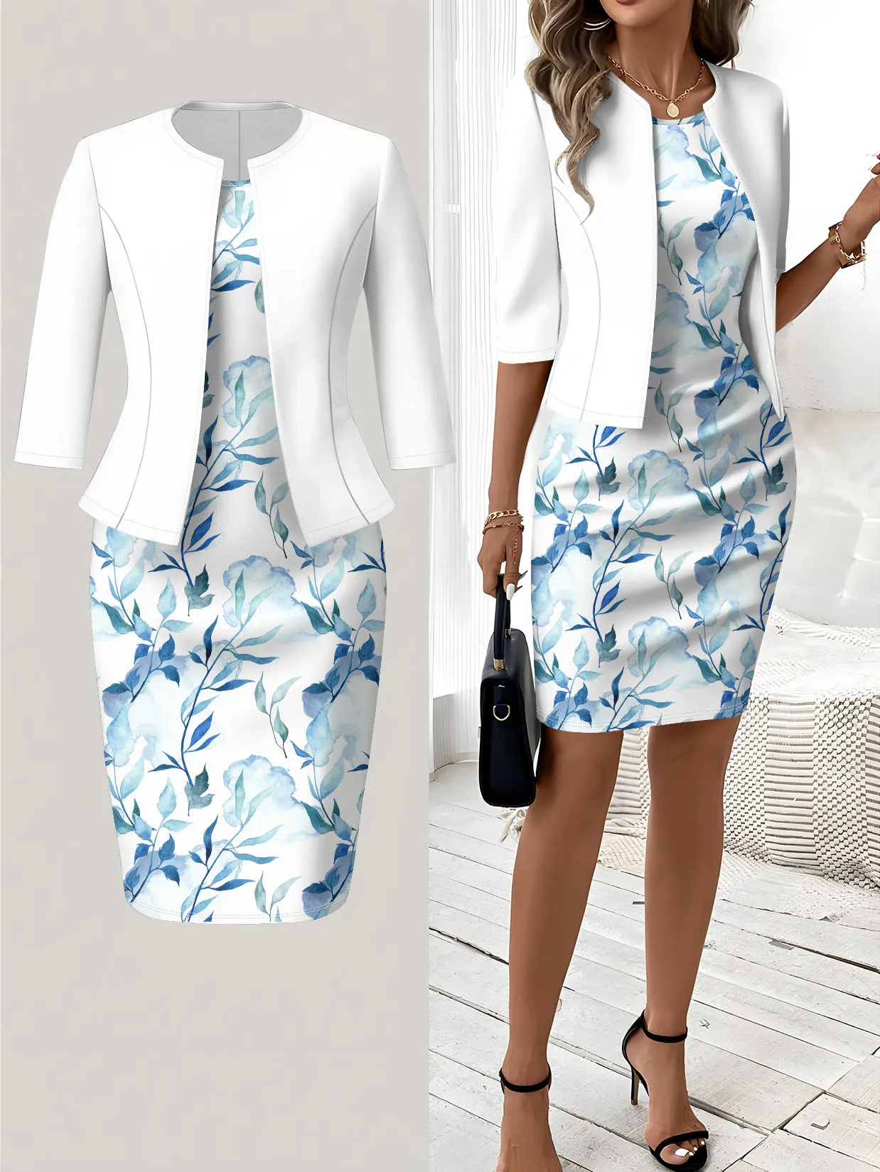 Printed Design Autumn and winter styles casual style Blue Floral Watercolor Print Pattern crew neck dress suit