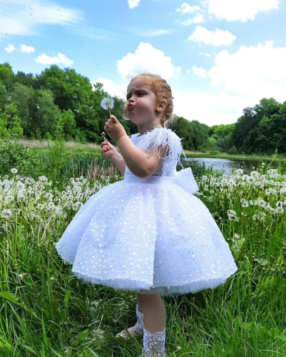 MisShow paillettes Back Bow Flower Girl abiti piume perle abiti da prima comunione Puffy Girls Princess Wedding Party Dress