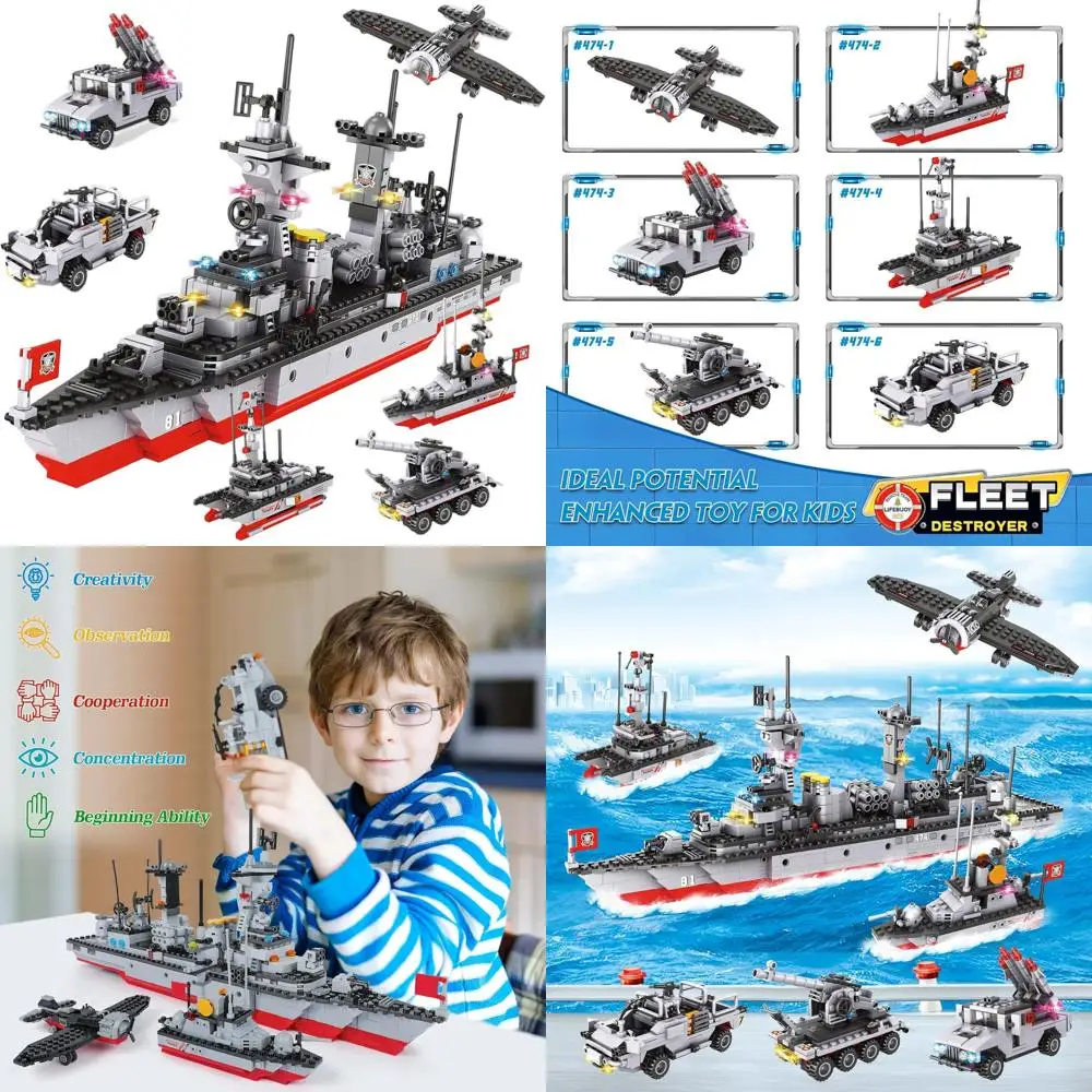 

6-in-1 Police & Military Building Set: Aircraft Carrier, Warship, Airplane, Boat, Cop Car, Tank for Ages 6-12