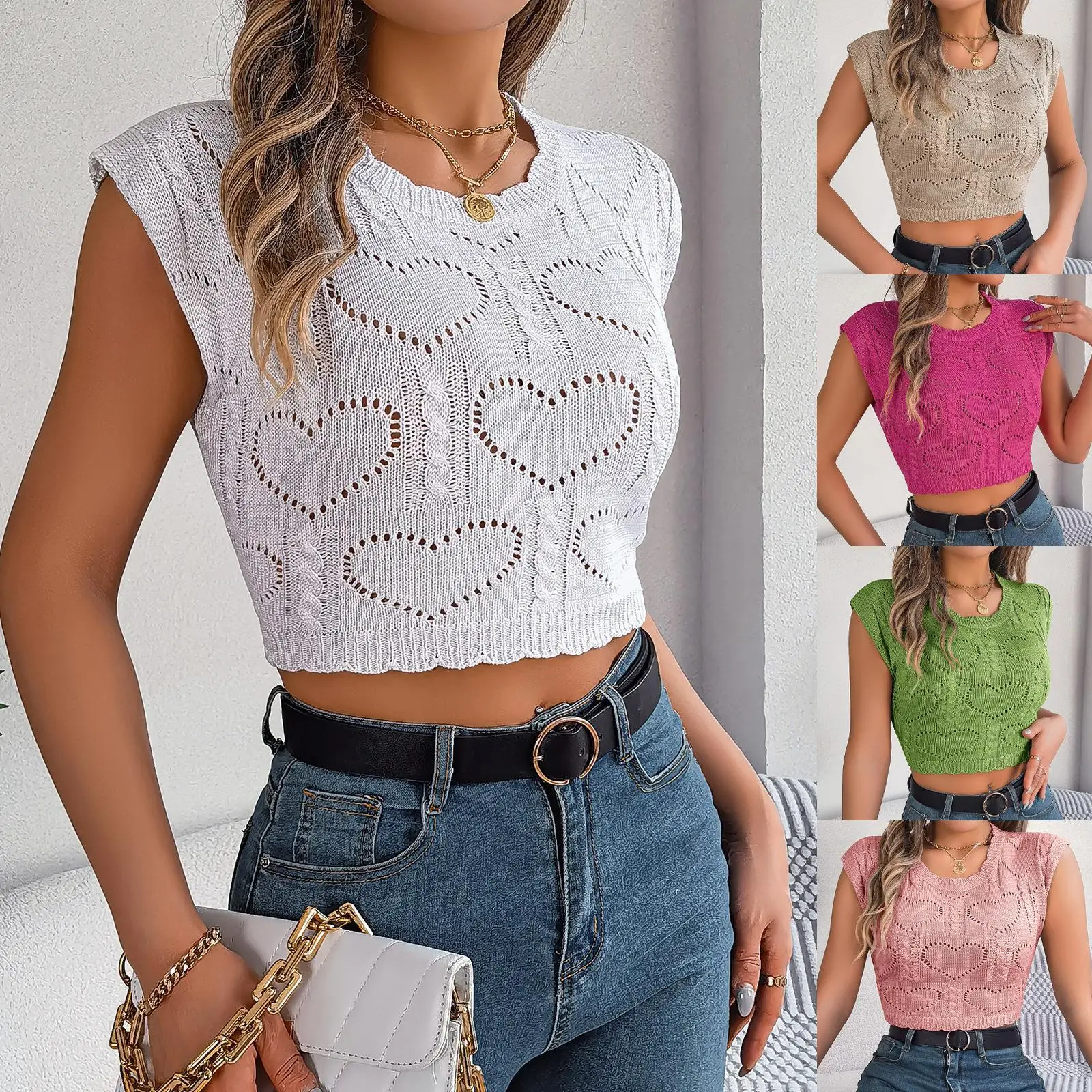 

Spring Summer Love Heart Hollow out Crop Top Knitted Sweater Vaion Top Cross-Border Women's Long Sve Autumn Set