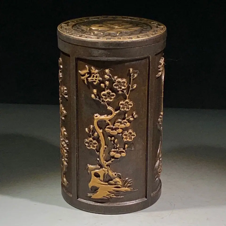 Genuine goods, Qianlong year-made copper, gilt toothpick box, Meilan, bamboo chrysanthemum, copper box, reflux