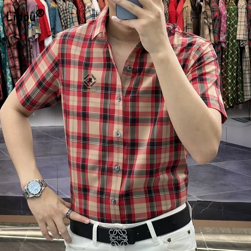 

Fashion Vintage Plaid Printed Turn-down Collar Shirt Male Clothes Summer Short Sleeve Casual Trend Men's Single-breasted Shirts