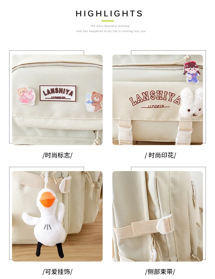 5-teiliges Set mit kostenlosen Anhängern im Waldstil, koreanische Version, lässiger Harajuku-Studentenrucksack für Mädchen mit großer Kapazität – Detail 24