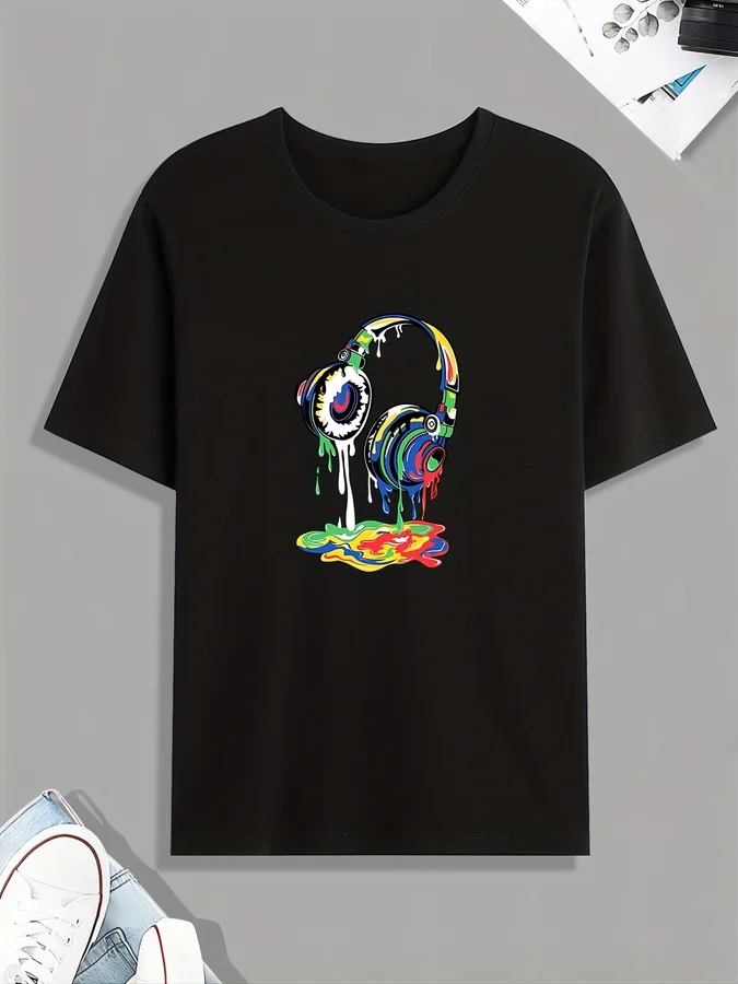 Headset Dripping Color Paint Print T Shirt, Tees For Men, Casual Short Sleeve Tshirt For Summer Spring Fall, Tops As Gifts