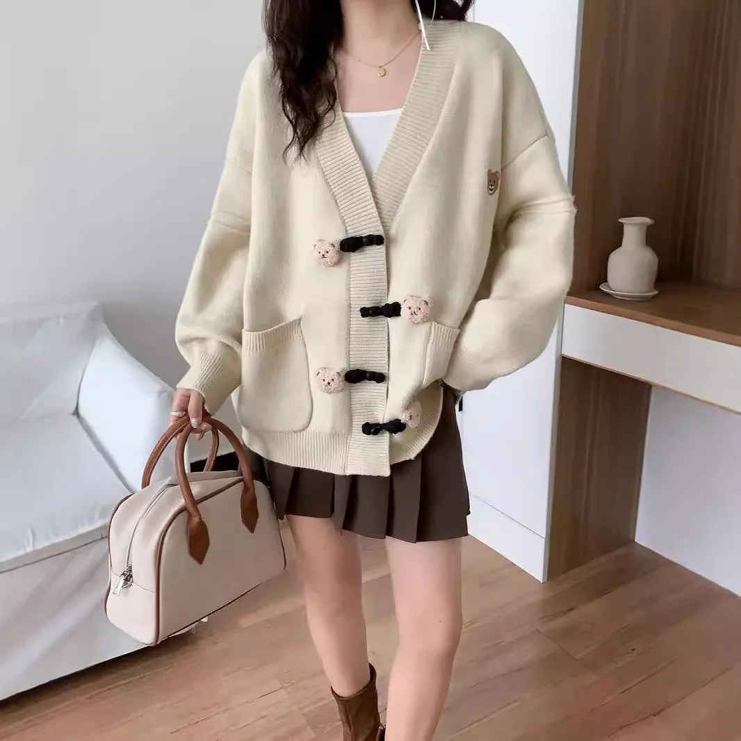 Japanese retro bear button sweater cardigan women's autumn new loose versatile age-reducing niche knitted sweater jacket