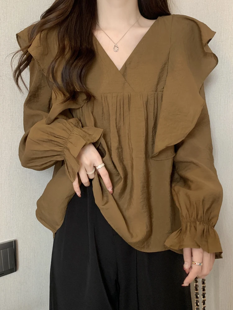 Stylish Flare Sleeve Spliced Ruffles Blouse Female Clothing 2023 Autumn New Oversized Casual Pullovers All - match Sweet Shirt