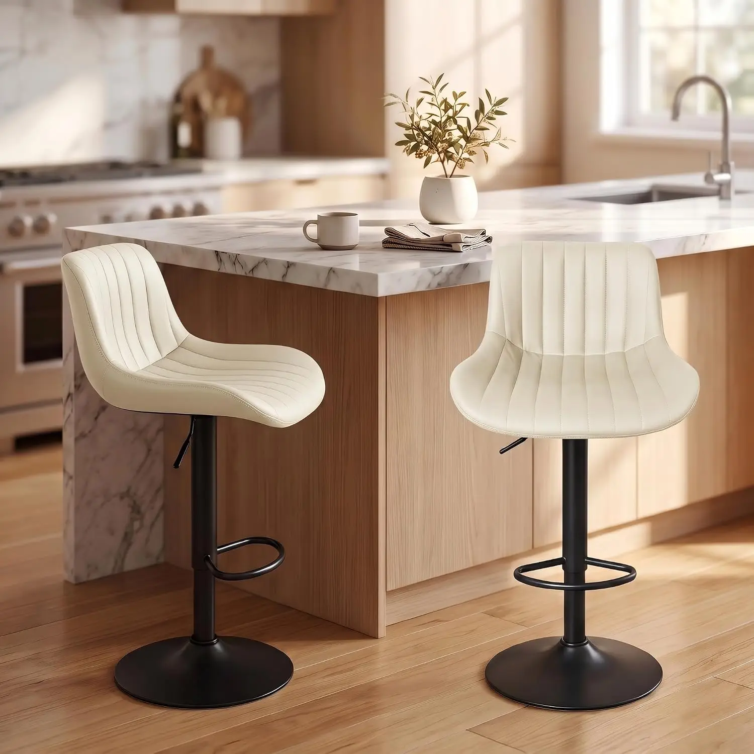 Modern Bar Stools Set of 2,Swivel Leather Counter Height Chair,Beige | 360° Swivel Counter Stools 2 Pack,Adjustable 22.4