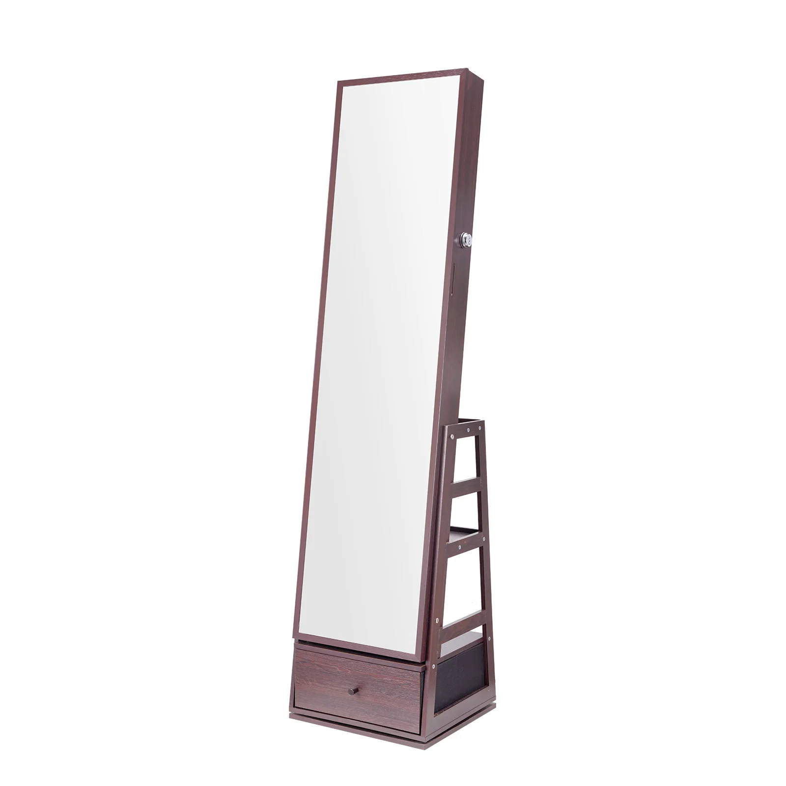 SucceBuy Mirror Jewelry Cabinet 360°Swivel Standing with Storage Lockable with Full Length Mirror Velvet Lining LED Light Drawer