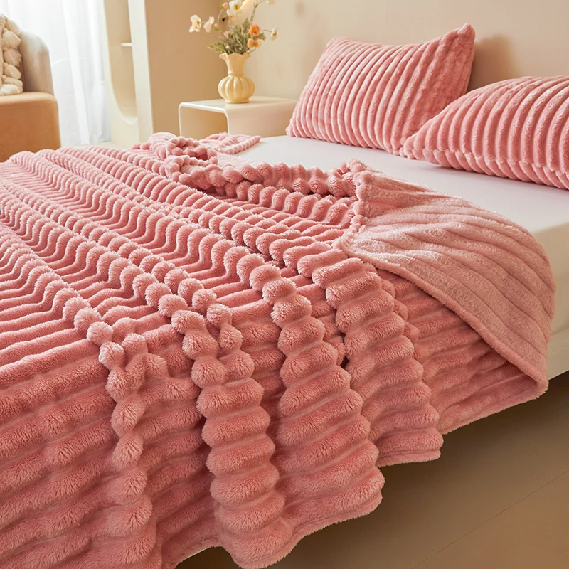 Warm and comfortable striped flannel blanket, faux rabbit fur blanket, soft and warm sofa blanket, ideal for napping, office use image 5