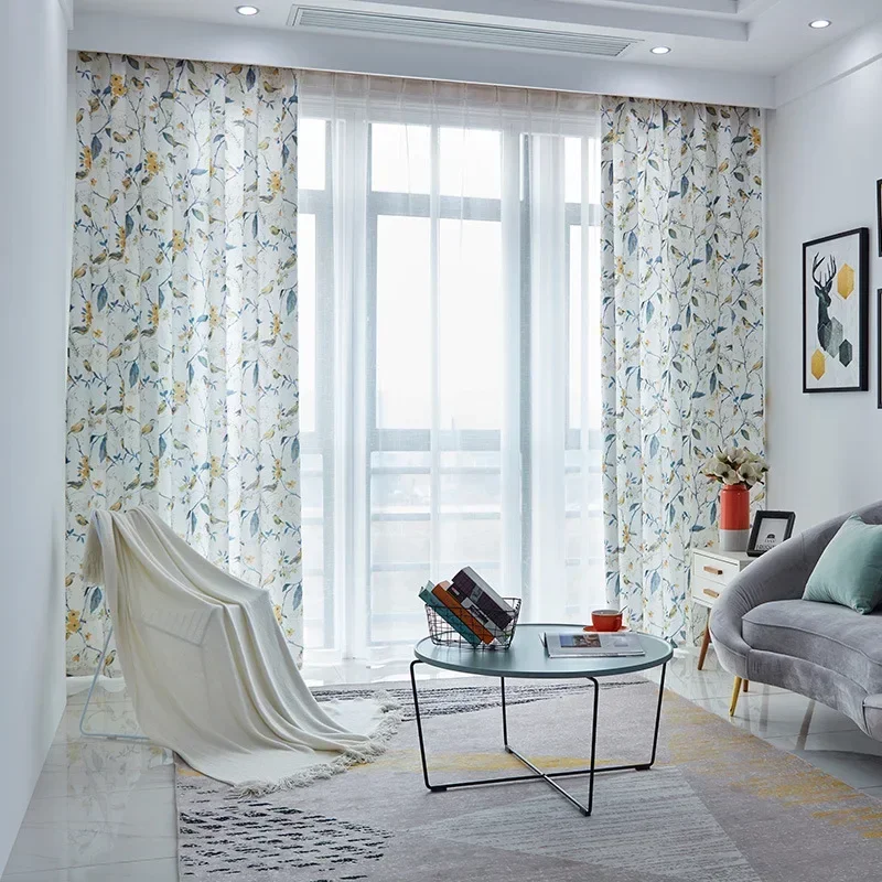 

American Pastoral Country Crushed Flowers Curtains for Living Dining Room Bedroom Thickened Fine Linen Printing Shade