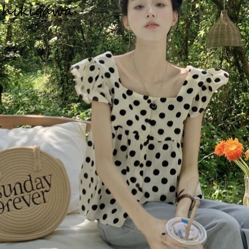 

Summer Blouse Women Clothes Square Collar Flying Sleeve Sweet Shirts 2025 Blusas Mujer De Moda Loose Chic Polka Dot Blouses Tops