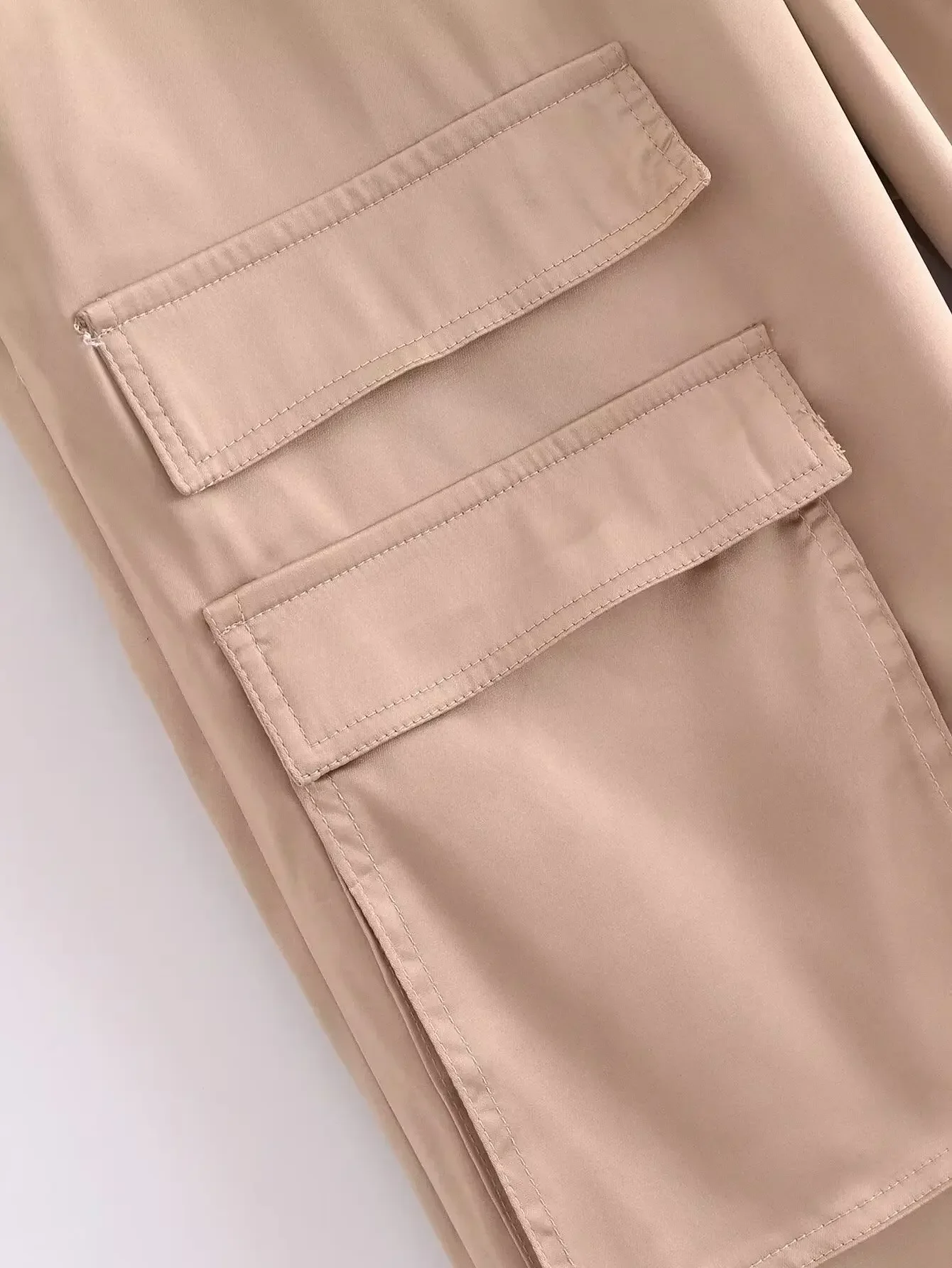 Pantalon cargo taille haute pour femme avec décoration de poche rabattable, satin décontracté, fermeture éclair, rétro, bergame, nouvelle mode, 2024