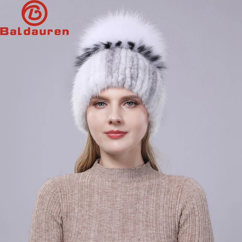 

2024 New Luxury Women Winter Mink Fur Hats Knitted Real Mink Silver Fox Fur Caps Female Russian Winter Warm Real Fur Beanies Hat