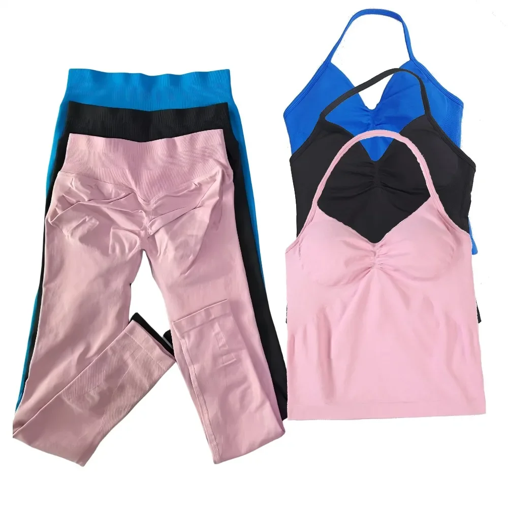 

2 Pcs Yoga Sets Against Resistance Workout Fitness Same Color Women Longline Strappy Vest&Leggings Seamless Pants Vest Sport Set