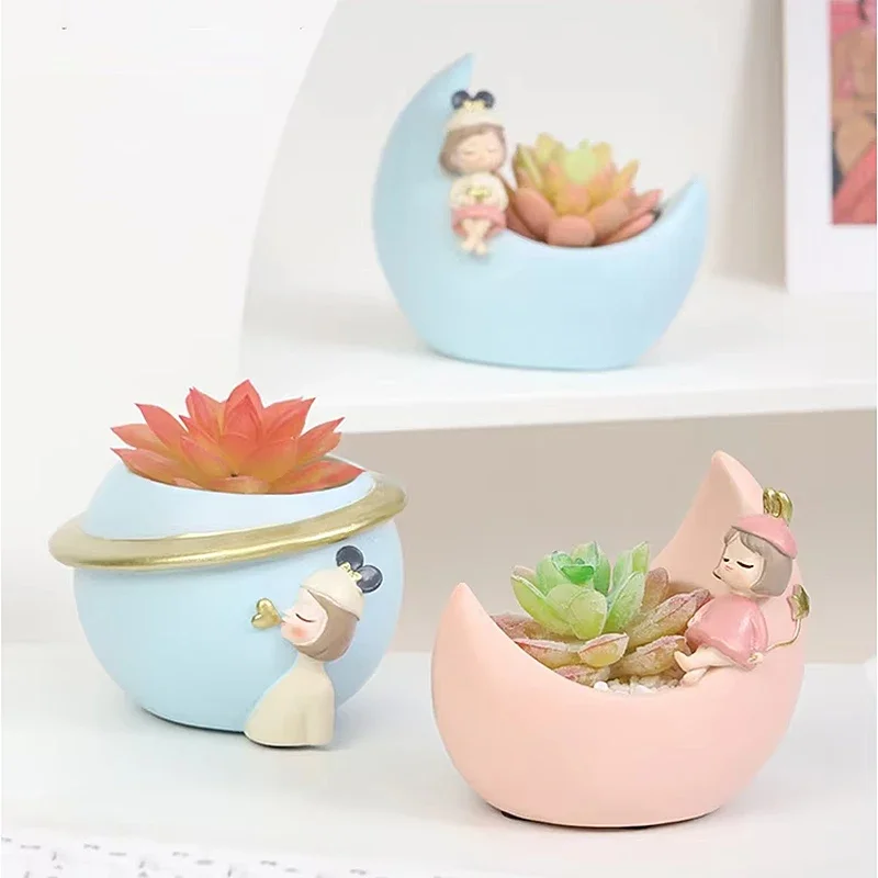 

Очаровательный горшок из смолы на тему Луны и девушки, мини-горшки для цветов для суккулентов кактусов, идея подарка для украшения домашнего или офисного стола