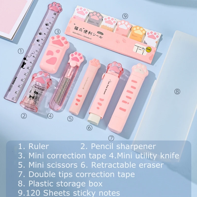 9Pcs Cat Paw Stationery Set Kawaii Cat Claw Pen Box Pencil Sharpener Correction Tape Glue Eraser Ruler Sticky Notes Scissors Set