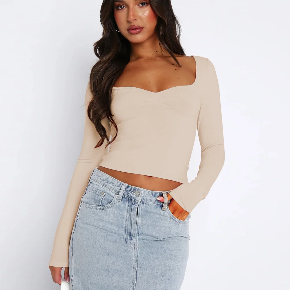 Y2K Square Neck T-shirt Ski Skinny Crop Tops Sexy Long Sleeve Bodycon Clothes Soft Elastic Breathable T-shirts Female T-shirts