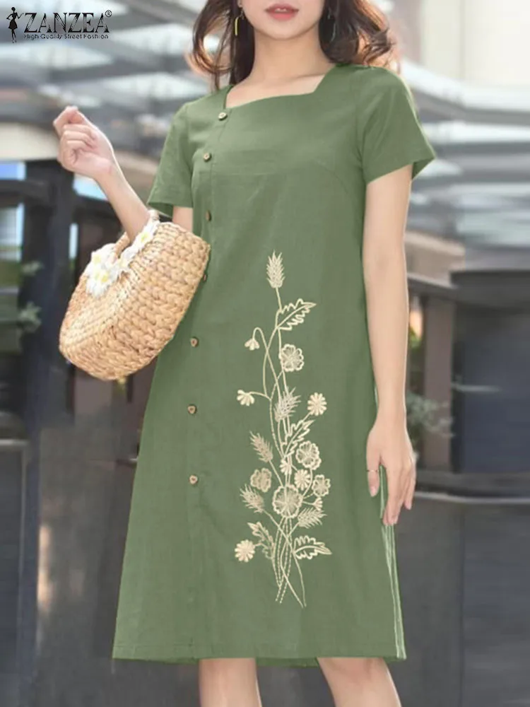 ZANZEA Summer Casual Floral Embroidery Dress Woman Square Collar Short Sleeve Dresses Female Fashion Holiday Midi Robe Oversized