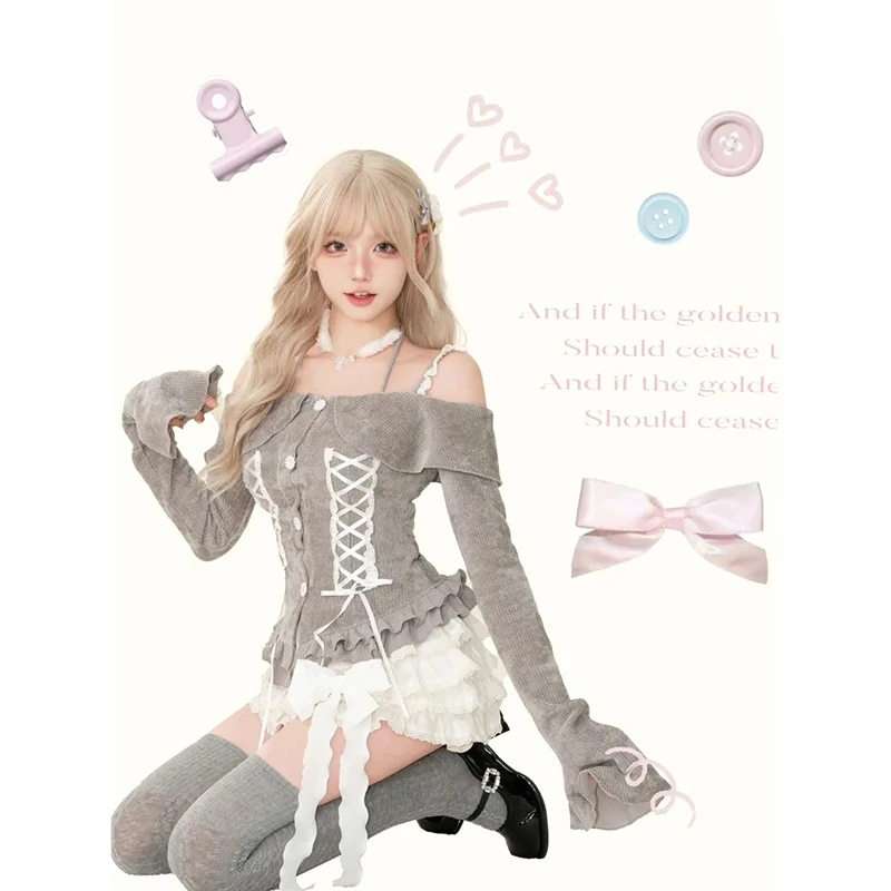 

Lolita Pretty Skirt 2 Piece Skirt Women Lace Patchwork Off Shoulder Long Sleeve Sweater White Tiered Sweet Cute Skirt Set