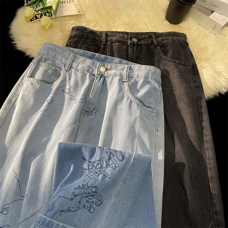 High Street Men's Straight-leg Jeans Embroidery Graphic Vintage Denim Pants Loose Fashion Hip Hop Male Trousers