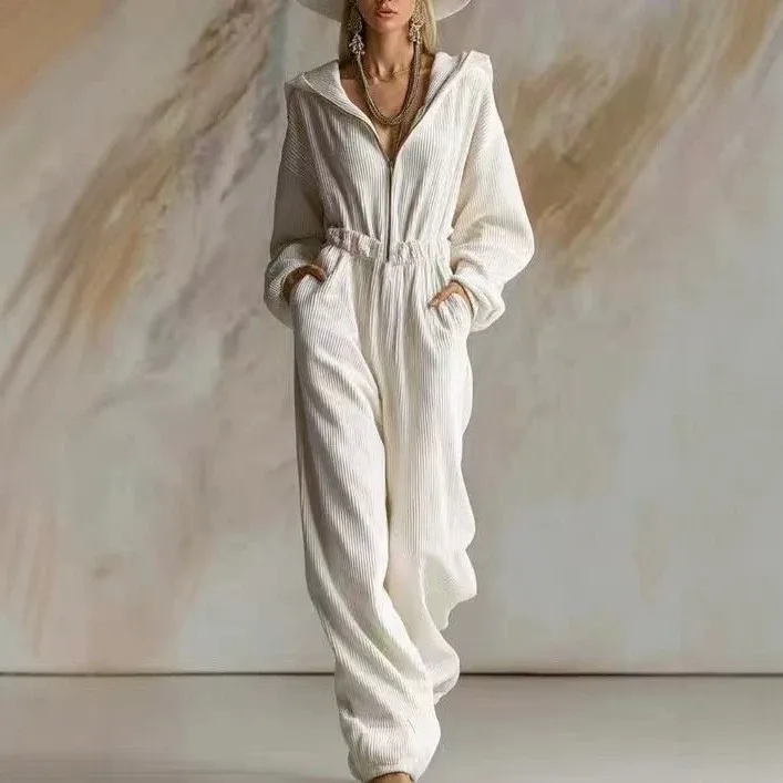 Casual Zipper Pants Straight Fit Japanese and Korean Casual with Full Length Women Jumpsuit Long Sleeve No Padding Autumn