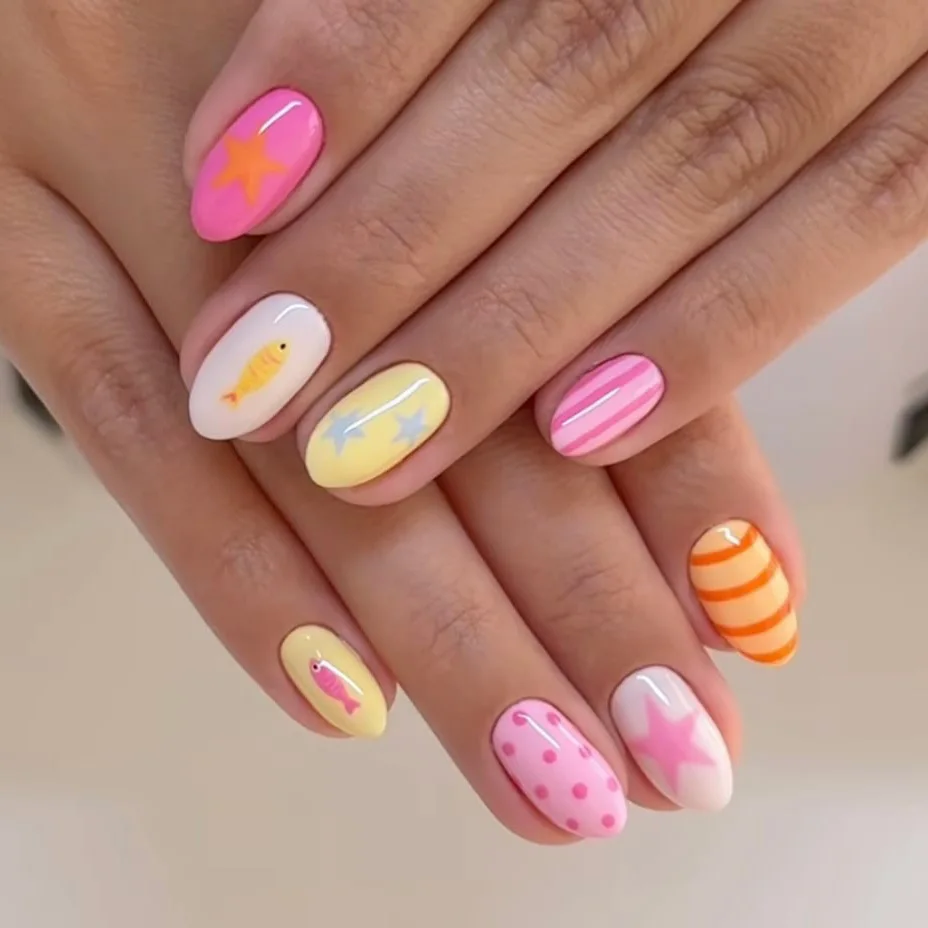 24Pcs Short Round Wearable Nails Set Press on Fish Star Stripe Fake Nails Summer Starfish Polka Dot Full Cover False Nails Tips