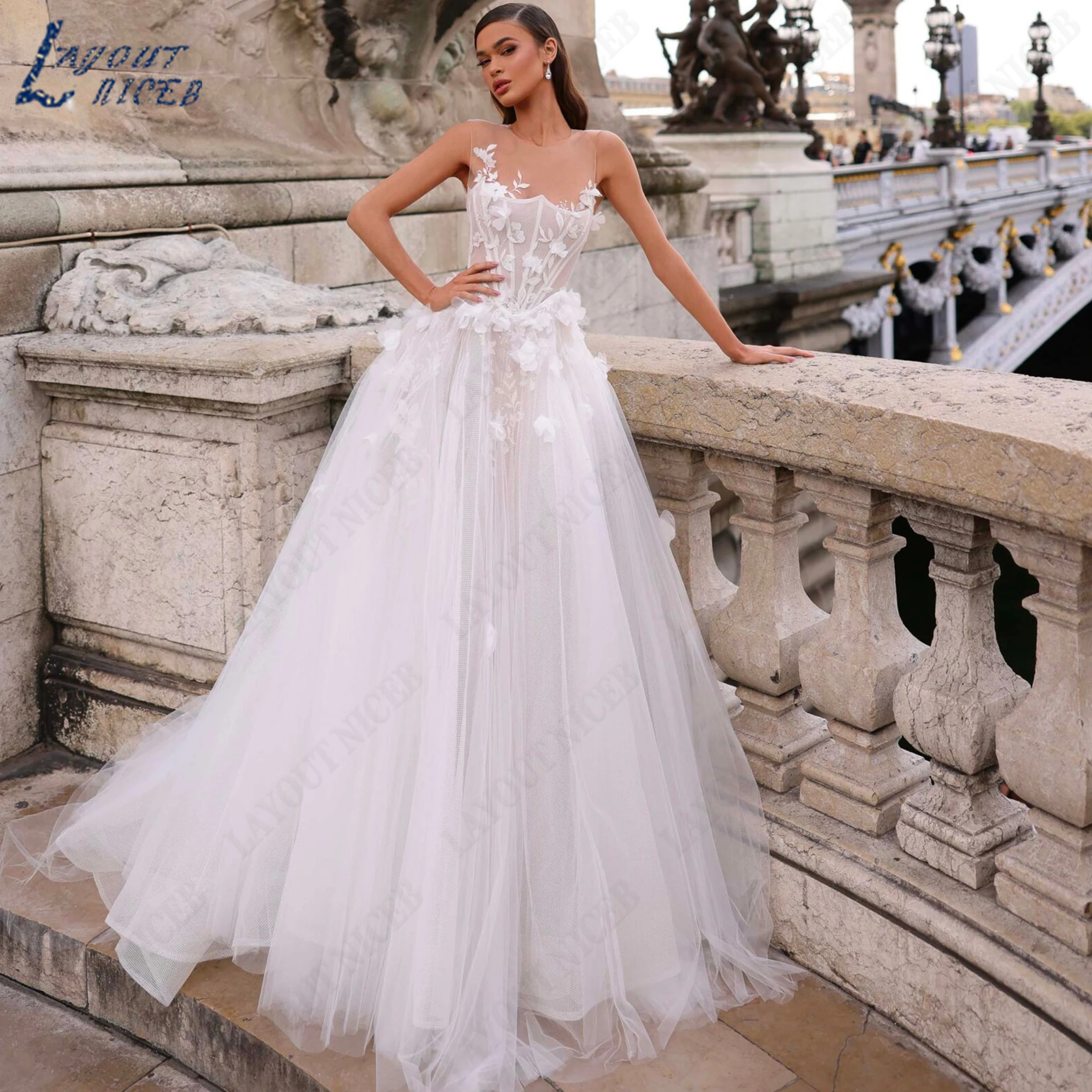 LAYOUT NICEB Customized O-Neck Tulle Wedding Dress A‑Line 3D Floral Bridal Gown Romantic Sleeveless Bridal Dresses Applique