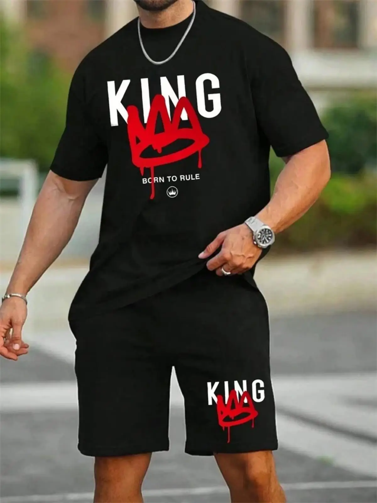 

New men's summer king print soft, comfortable, breathable round neck T-shirt shorts set outdoor casual two-piece set