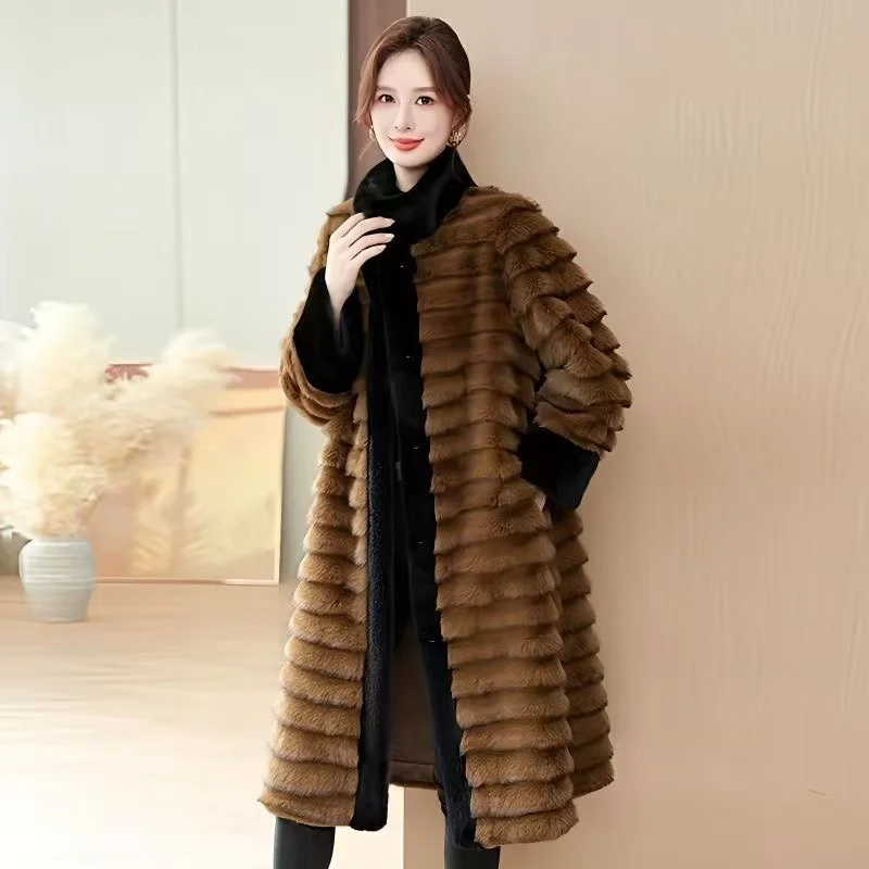 2025 Winter Long Striped Fluffy Faux Mink Fur Coat Women Stand Collar Warm Long Trench Coats Fashion Fluffy Plush 2025 Outerwear