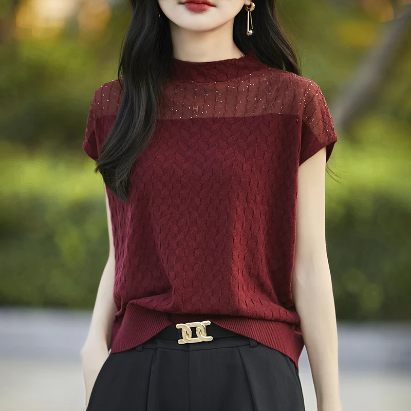 

Winter 2024 Women's Cashmere Knitted Vest Half High Collar Precision Spun Wool Short Sleeve Base Layer Top Elegant Commute Style