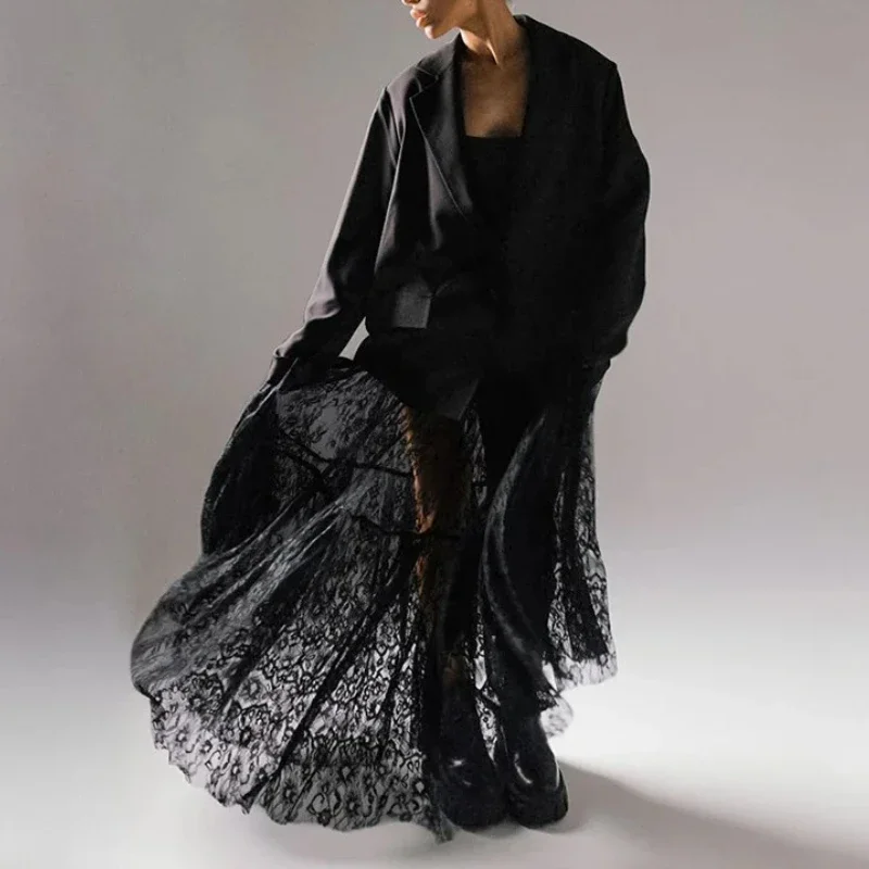 

Y2K Black Lace Maxi Skirt for Women 2025 Spring Summer Sexy High Waist Flare Long Skirt Solid Evening Party Beach Elegant Dress