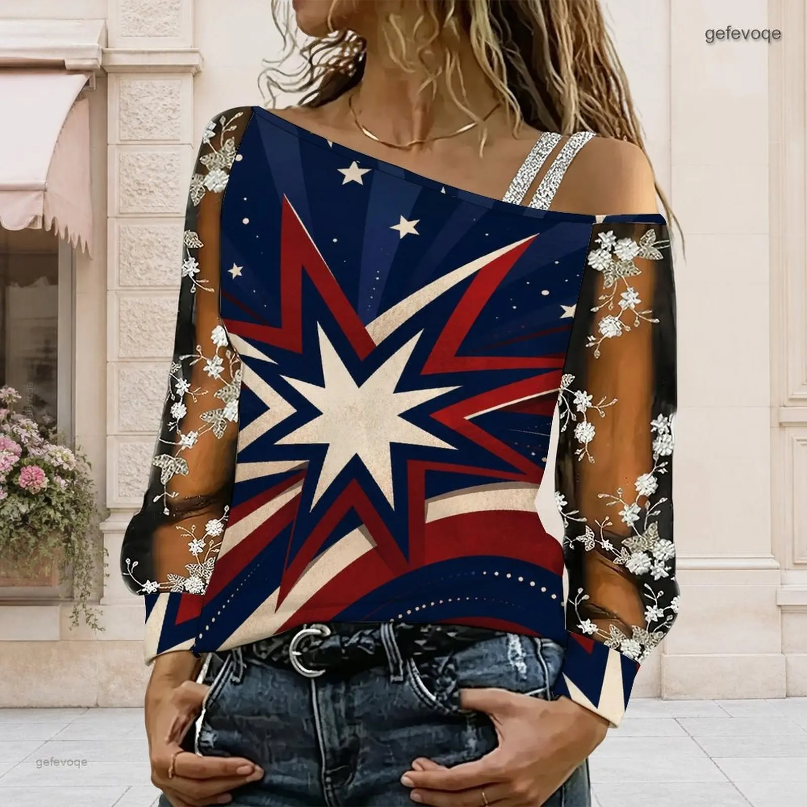 Women Asymmetric Cold Shoulder Top Red White Blue Star Print Long Sheer Floral Embroidery Sleeve Blouse