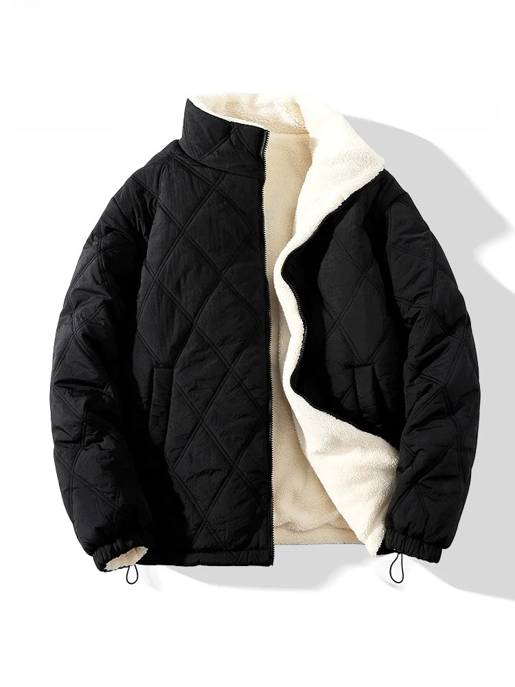 

Monkey Thiened Lamb Velvet Jaet Men's Winter Warmth Outerwear Diamond Pattern Cotton Youth Casual Long Sve ...