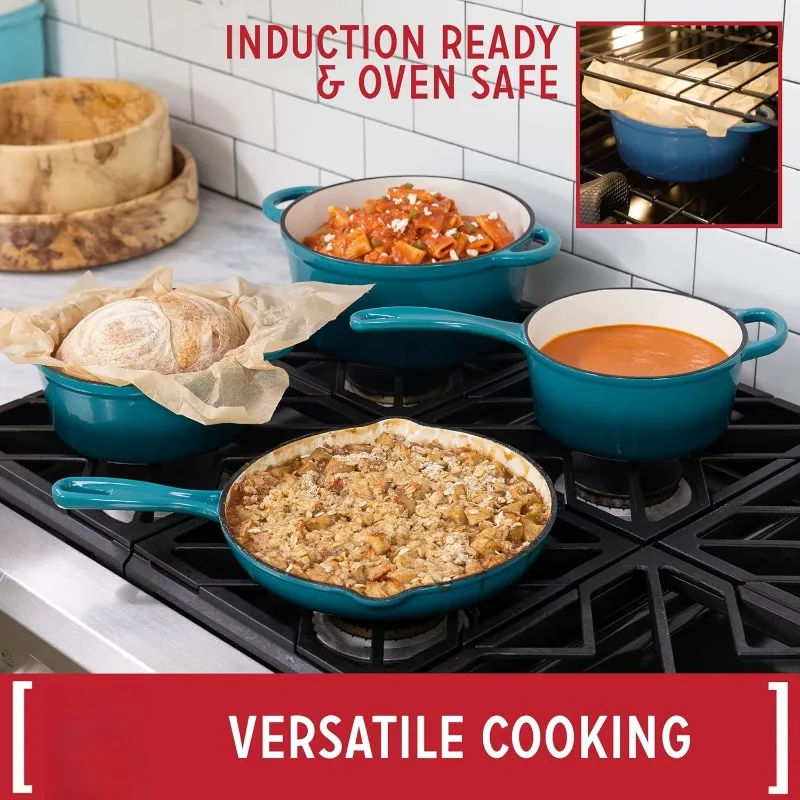 Enameled Cast Iron Cookware Set, 7-Piece Set (Biscay Blue), Nonstick, Oversized Handles, Oven Safe; Skillet, Saucepan,