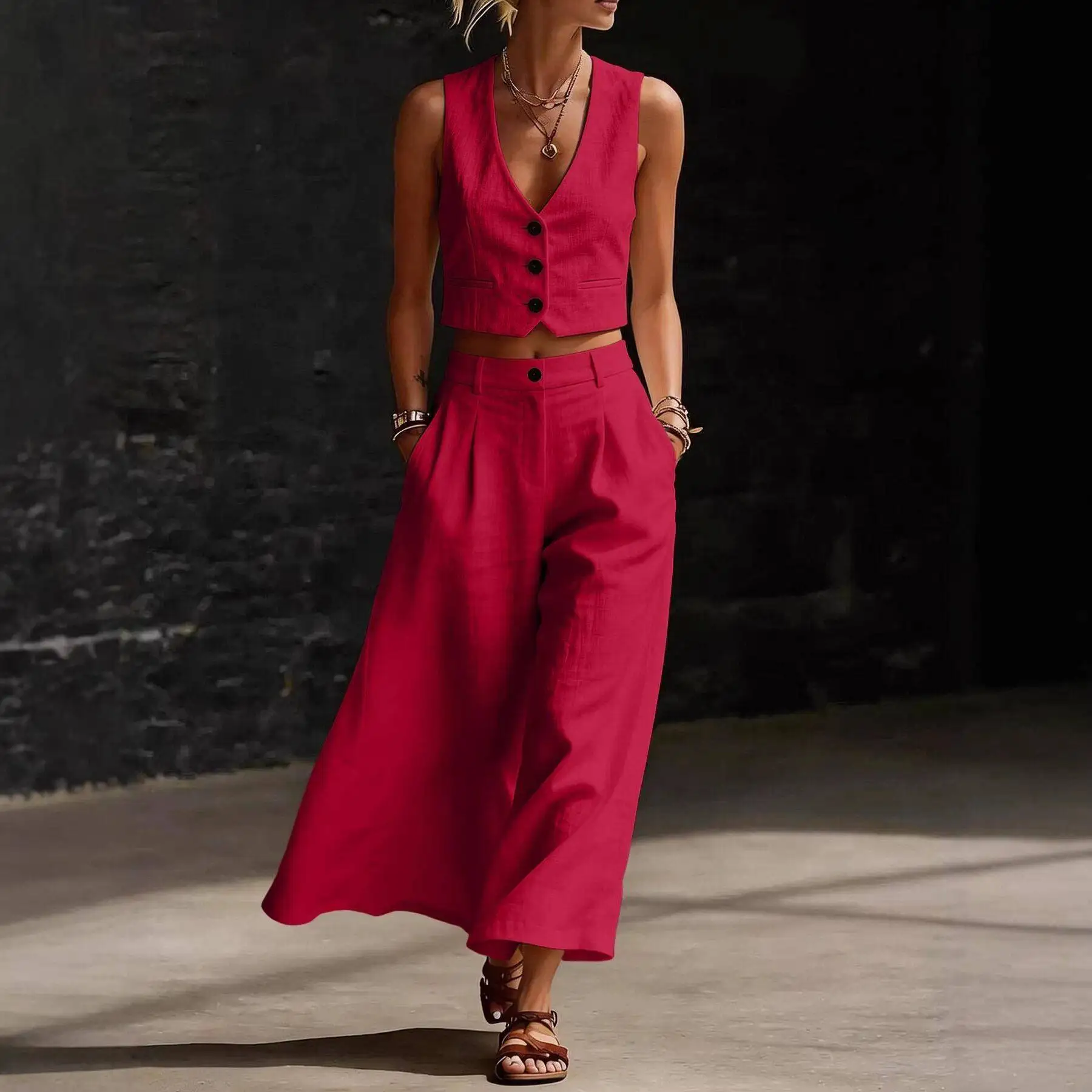 Elegant Short V-Neck Women's Vest Wide Leg Pants Set Casual Fashion 2026 New Cross-Border Item Three-Piece Suit Summer No Sleeve