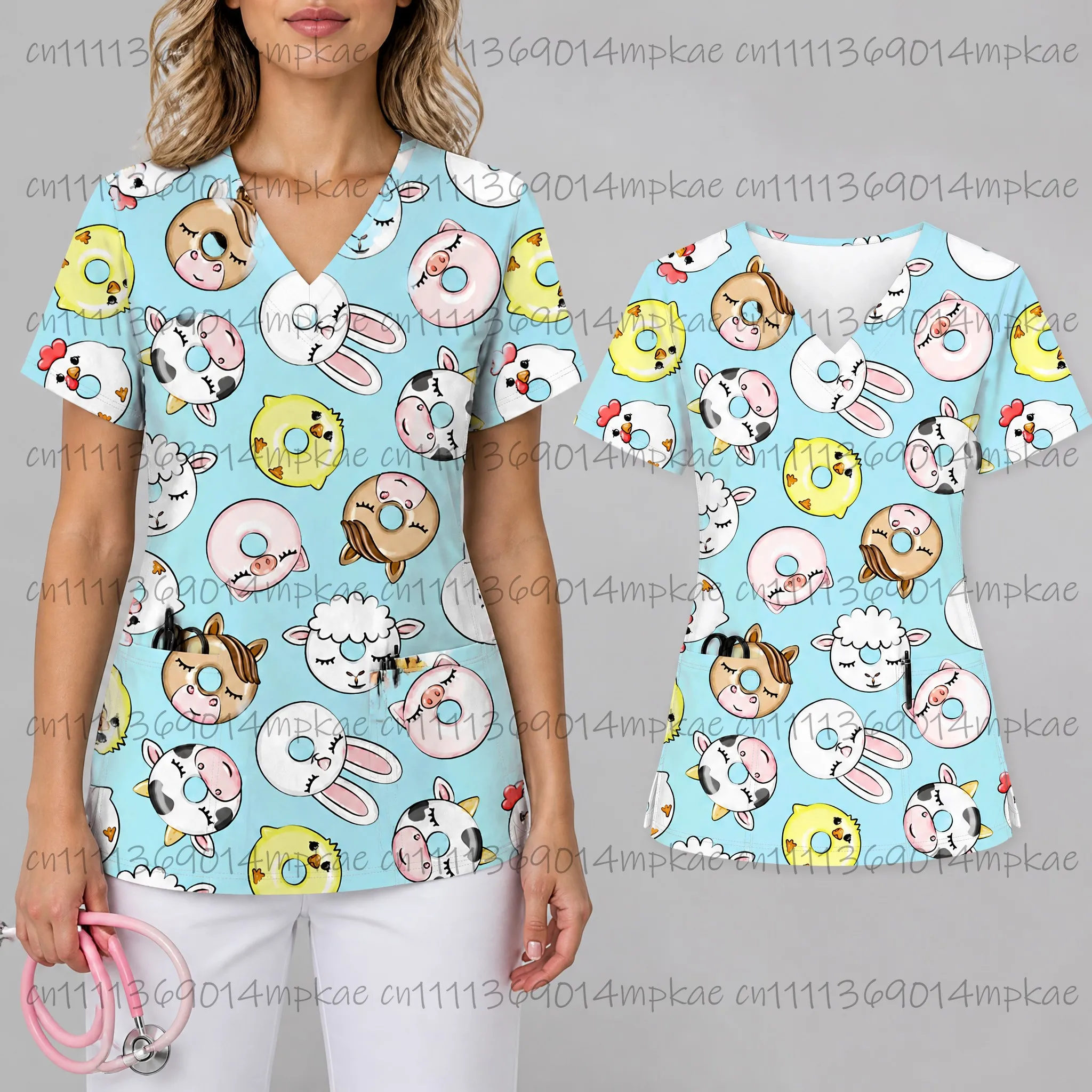 

Summer New Women's V-neck Pocket Short-sleeved Frosted T-shirt with Print, Women's Top, Beauty Salon Medical Care Fees