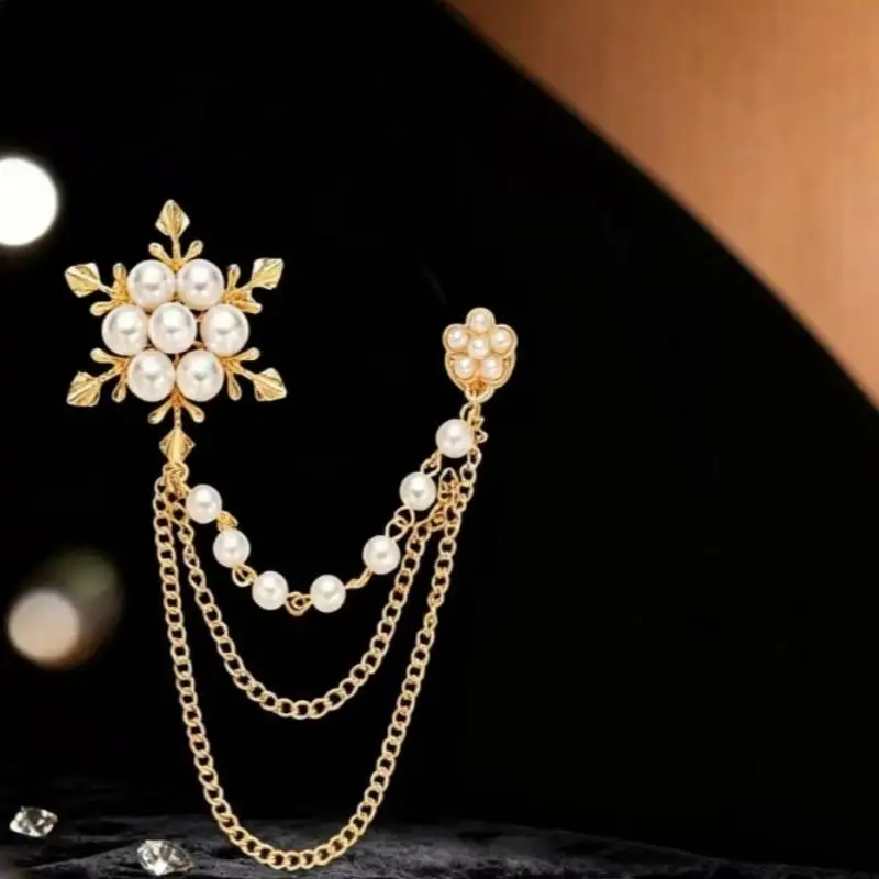 Exclusive Women’s Pearl Brooch Snowflake Design with Elegant Chain Tassels for Winter