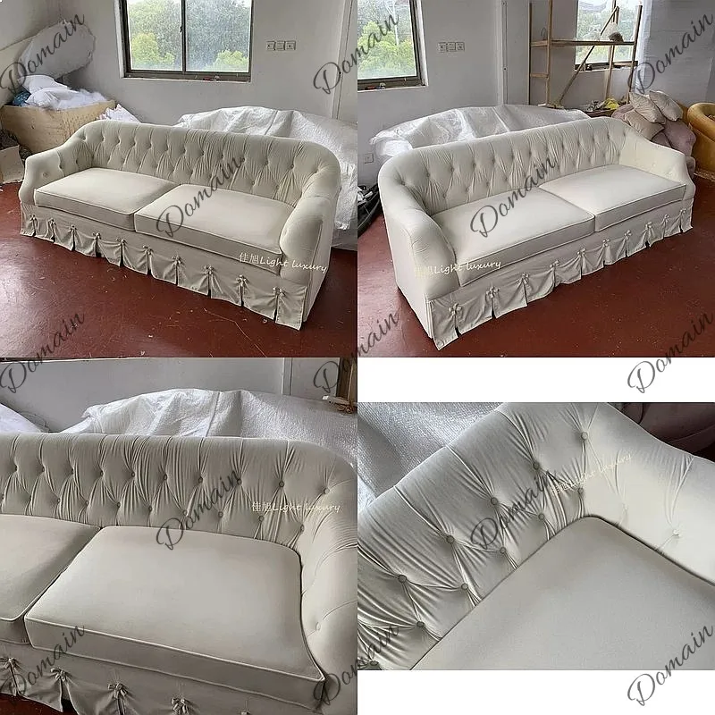 Velvet 3-Seater Sofa Washable Cover Cream White Retro Living Room Furniture