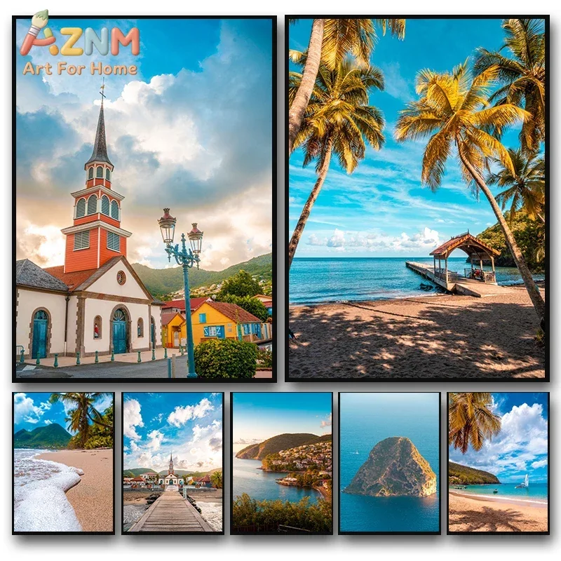 Modern Blue Sky Ocean Beachside Island Martinique Life Poster Canvas Painting Fantasy Landscape Wall Art Room Home Decor